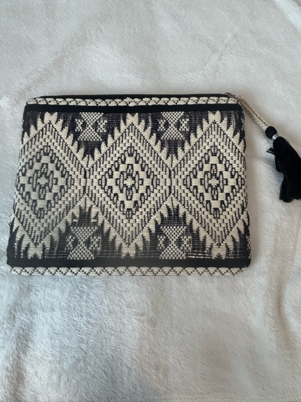 Black & Cream Woven Geometric Clutch with Tassel